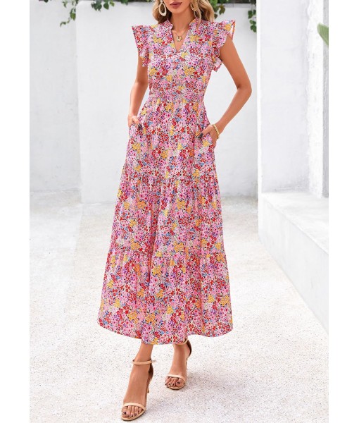 PRETTYGARDEN Women's 2025 Summer Floral Midi Dress Cap Sleeve V Neck Ruffle Long Flowy Boho Casual Beach Vacation Dresses