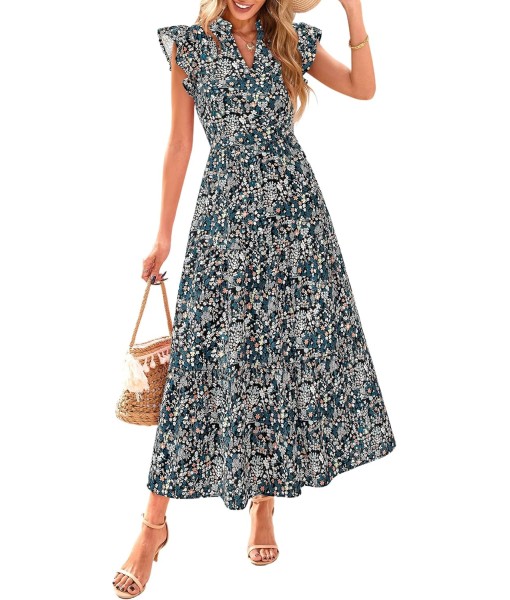 PRETTYGARDEN Women's 2025 Summer Floral Midi Dress Cap Sleeve V Neck Ruffle Long Flowy Boho Casual Beach Vacation Dresses