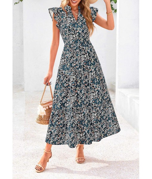 PRETTYGARDEN Women's 2025 Summer Floral Midi Dress Cap Sleeve V Neck Ruffle Long Flowy Boho Casual Beach Vacation Dresses