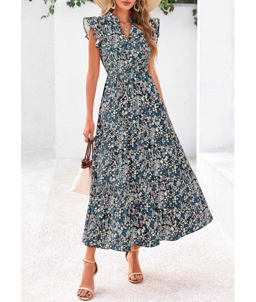 PRETTYGARDEN Women's 2025 Summer Floral Midi Dress Cap Sleeve V Neck Ruffle Long Flowy Boho Casual Beach Vacation Dresses