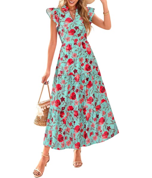 PRETTYGARDEN Women's 2025 Summer Floral Midi Dress Cap Sleeve V Neck Ruffle Long Flowy Boho Casual Beach Vacation Dresses