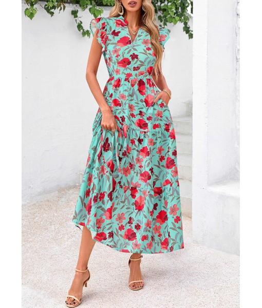 PRETTYGARDEN Women's 2025 Summer Floral Midi Dress Cap Sleeve V Neck Ruffle Long Flowy Boho Casual Beach Vacation Dresses