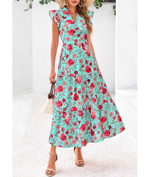 PRETTYGARDEN Women's 2025 Summer Floral Midi Dress Cap Sleeve V Neck Ruffle Long Flowy Boho Casual Beach Vacation Dresses