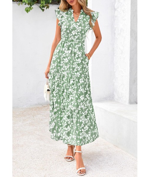 PRETTYGARDEN Women's 2025 Summer Floral Midi Dress Cap Sleeve V Neck Ruffle Long Flowy Boho Casual Beach Vacation Dresses