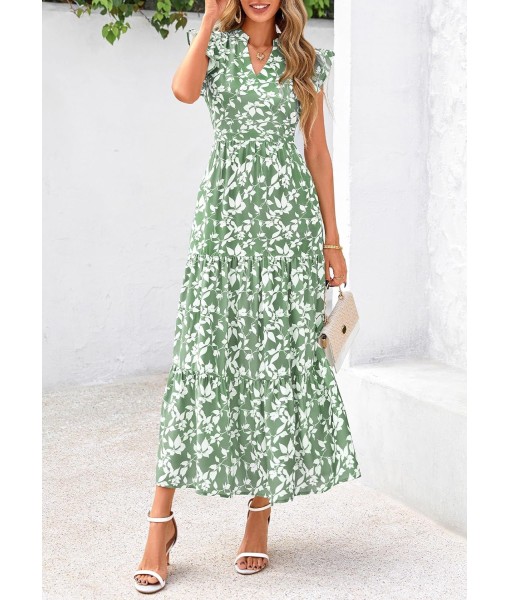 PRETTYGARDEN Women's 2025 Summer Floral Midi Dress Cap Sleeve V Neck Ruffle Long Flowy Boho Casual Beach Vacation Dresses