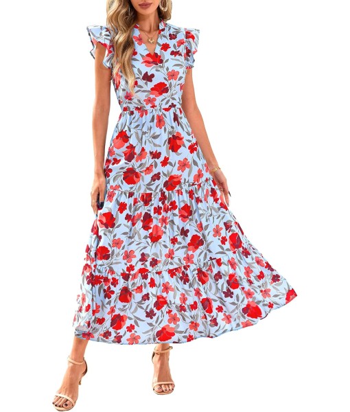 PRETTYGARDEN Women's 2025 Summer Floral Midi Dress Cap Sleeve V Neck Ruffle Long Flowy Boho Casual Beach Vacation Dresses