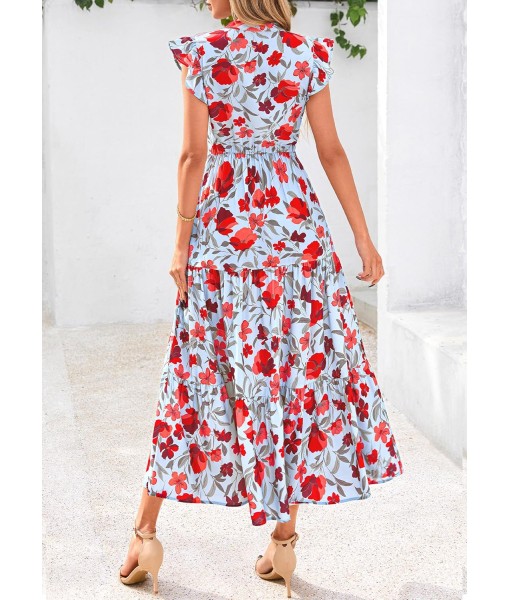 PRETTYGARDEN Women's 2025 Summer Floral Midi Dress Cap Sleeve V Neck Ruffle Long Flowy Boho Casual Beach Vacation Dresses