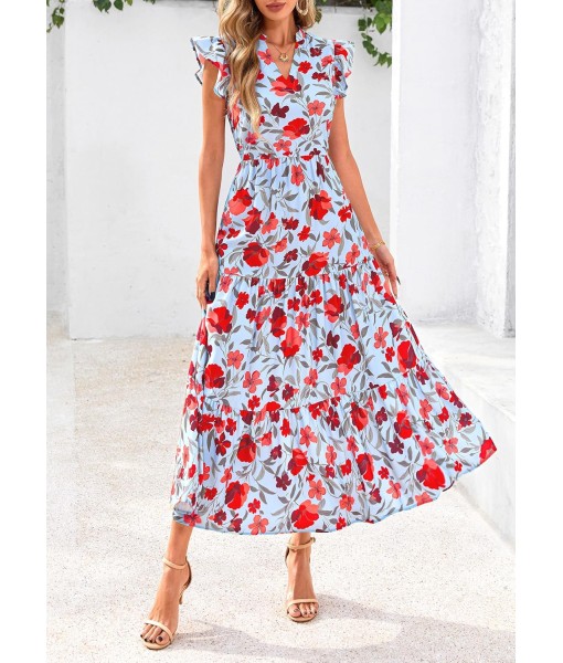 PRETTYGARDEN Women's 2025 Summer Floral Midi Dress Cap Sleeve V Neck Ruffle Long Flowy Boho Casual Beach Vacation Dresses