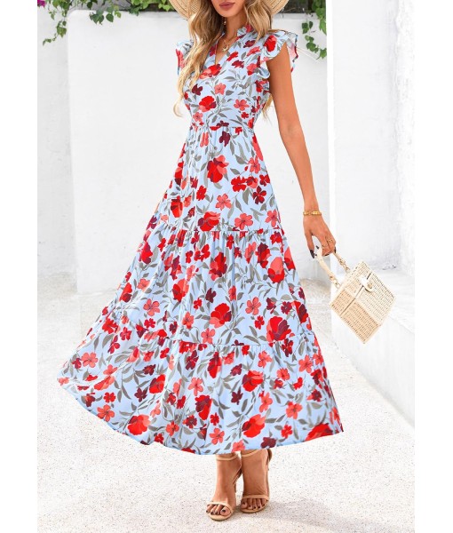 PRETTYGARDEN Women's 2025 Summer Floral Midi Dress Cap Sleeve V Neck Ruffle Long Flowy Boho Casual Beach Vacation Dresses