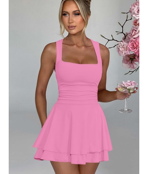 Kaximil Women's Square Neck Ruffle Hem Mini Dress Ruched Waist Short Party Dresses