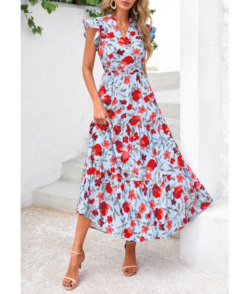PRETTYGARDEN Women's 2025 Summer Floral Midi Dress Cap Sleeve V Neck Ruffle Long Flowy Boho Casual Beach Vacation Dresses