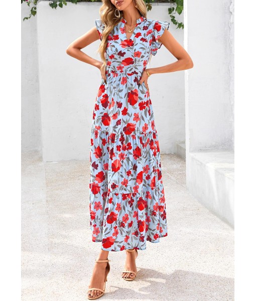 PRETTYGARDEN Women's 2025 Summer Floral Midi Dress Cap Sleeve V Neck Ruffle Long Flowy Boho Casual Beach Vacation Dresses