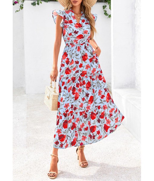 PRETTYGARDEN Women's 2025 Summer Floral Midi Dress Cap Sleeve V Neck Ruffle Long Flowy Boho Casual Beach Vacation Dresses
