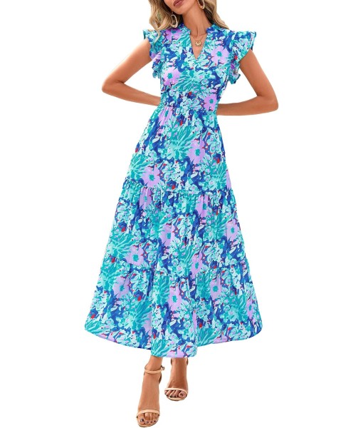 PRETTYGARDEN Women's 2025 Summer Floral Midi Dress Cap Sleeve V Neck Ruffle Long Flowy Boho Casual Beach Vacation Dresses