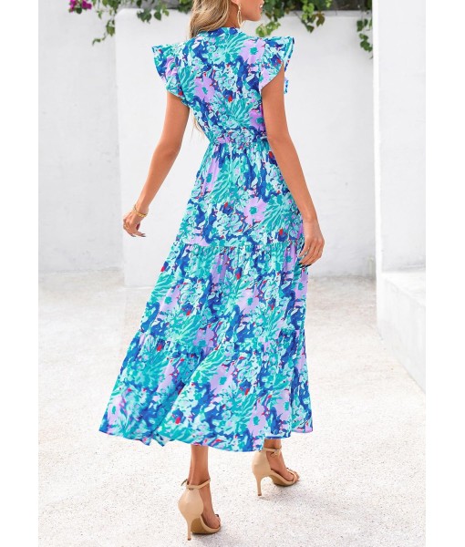 PRETTYGARDEN Women's 2025 Summer Floral Midi Dress Cap Sleeve V Neck Ruffle Long Flowy Boho Casual Beach Vacation Dresses