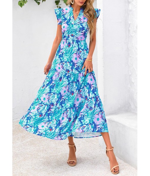 PRETTYGARDEN Women's 2025 Summer Floral Midi Dress Cap Sleeve V Neck Ruffle Long Flowy Boho Casual Beach Vacation Dresses