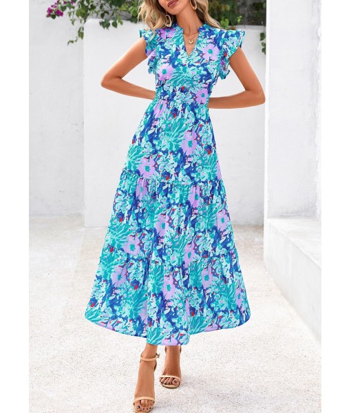 PRETTYGARDEN Women's 2025 Summer Floral Midi Dress Cap Sleeve V Neck Ruffle Long Flowy Boho Casual Beach Vacation Dresses
