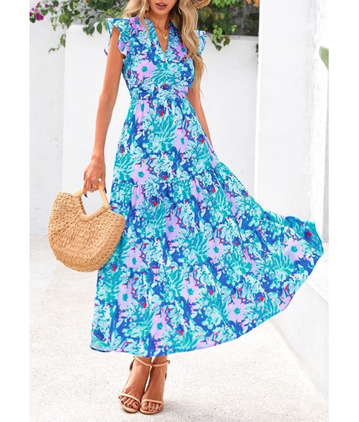 PRETTYGARDEN Women's 2025 Summer Floral Midi Dress Cap Sleeve V Neck Ruffle Long Flowy Boho Casual Beach Vacation Dresses