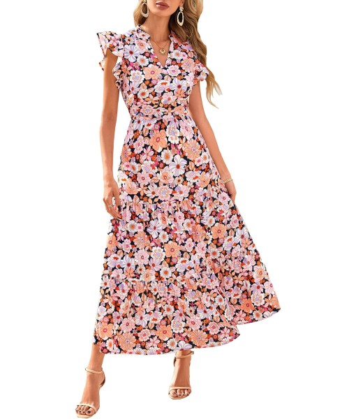 PRETTYGARDEN Women's 2025 Summer Floral Midi Dress Cap Sleeve V Neck Ruffle Long Flowy Boho Casual Beach Vacation Dresses