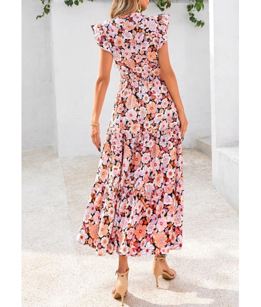 PRETTYGARDEN Women's 2025 Summer Floral Midi Dress Cap Sleeve V Neck Ruffle Long Flowy Boho Casual Beach Vacation Dresses