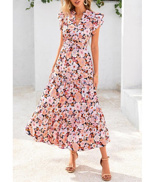 PRETTYGARDEN Women's 2025 Summer Floral Midi Dress Cap Sleeve V Neck Ruffle Long Flowy Boho Casual Beach Vacation Dresses