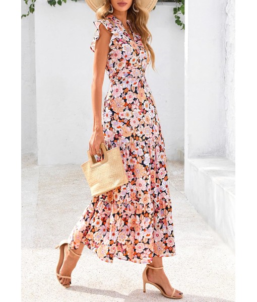 PRETTYGARDEN Women's 2025 Summer Floral Midi Dress Cap Sleeve V Neck Ruffle Long Flowy Boho Casual Beach Vacation Dresses