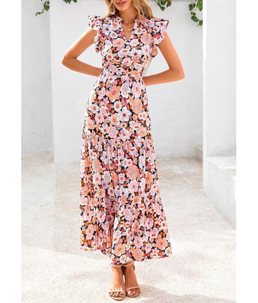 PRETTYGARDEN Women's 2025 Summer Floral Midi Dress Cap Sleeve V Neck Ruffle Long Flowy Boho Casual Beach Vacation Dresses