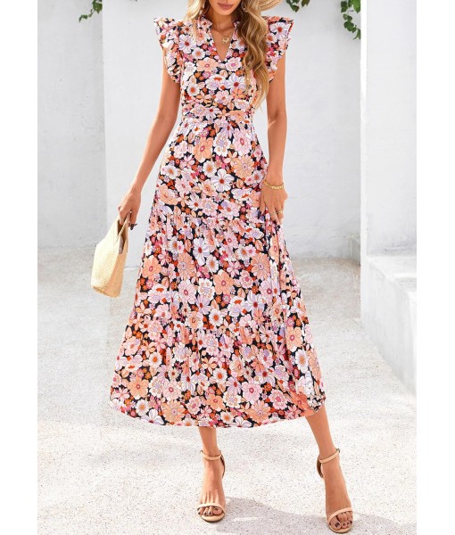 PRETTYGARDEN Women's 2025 Summer Floral Midi Dress Cap Sleeve V Neck Ruffle Long Flowy Boho Casual Beach Vacation Dresses