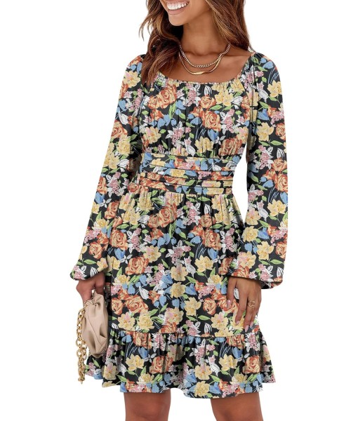 ANRABESS Womens Dress Long Lantern Sleeve Square Neck Elastic Waist Ruffle Flowy Swing A-Line Short Dresses 2025 Fall Fashion