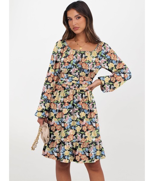 ANRABESS Womens Dress Long Lantern Sleeve Square Neck Elastic Waist Ruffle Flowy Swing A-Line Short Dresses 2025 Fall Fashion