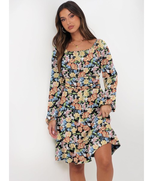 ANRABESS Womens Dress Long Lantern Sleeve Square Neck Elastic Waist Ruffle Flowy Swing A-Line Short Dresses 2025 Fall Fashion