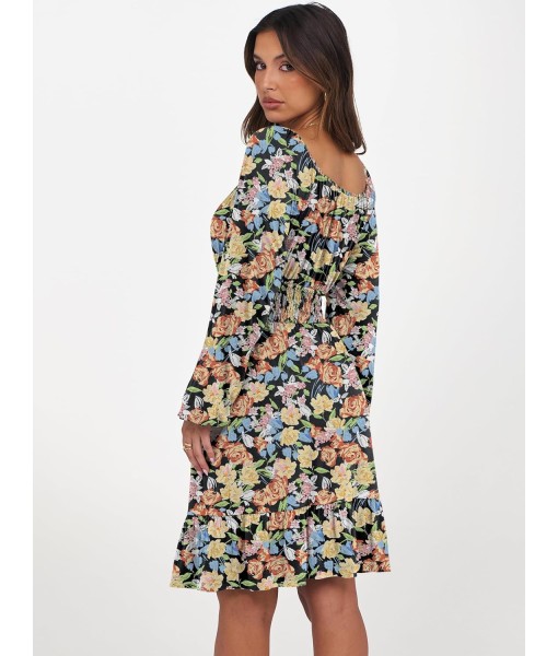 ANRABESS Womens Dress Long Lantern Sleeve Square Neck Elastic Waist Ruffle Flowy Swing A-Line Short Dresses 2025 Fall Fashion