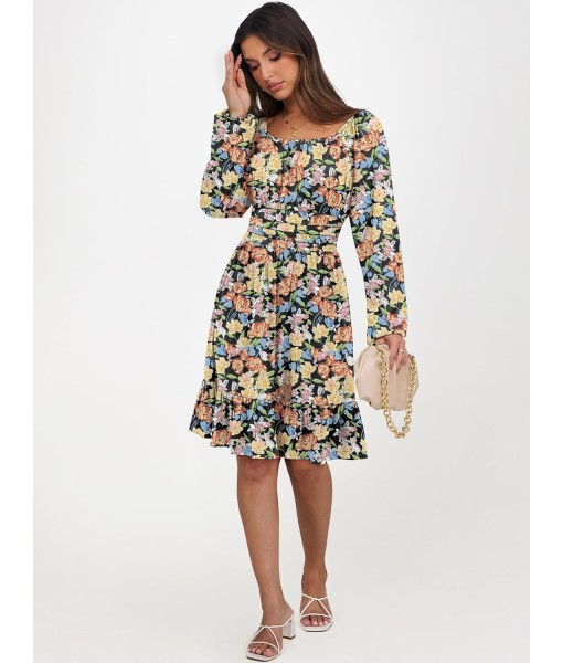 ANRABESS Womens Dress Long Lantern Sleeve Square Neck Elastic Waist Ruffle Flowy Swing A-Line Short Dresses 2025 Fall Fashion