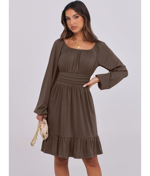 ANRABESS Womens Dress Long Lantern Sleeve Square Neck Elastic Waist Ruffle Flowy Swing A-Line Short Dresses 2025 Fall Fashion