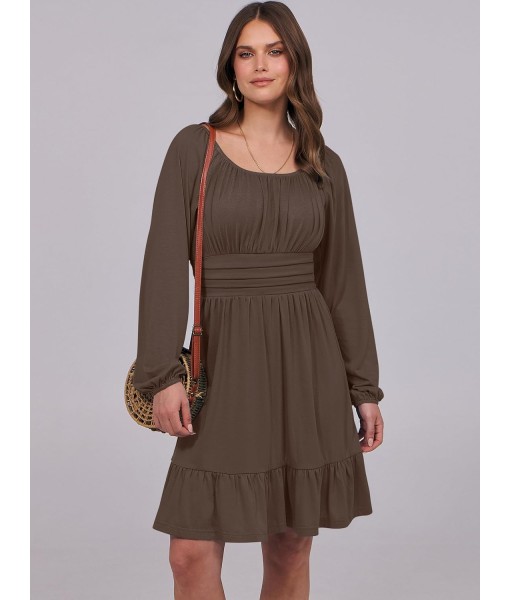 ANRABESS Womens Dress Long Lantern Sleeve Square Neck Elastic Waist Ruffle Flowy Swing A-Line Short Dresses 2025 Fall Fashion