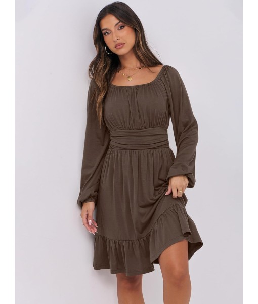 ANRABESS Womens Dress Long Lantern Sleeve Square Neck Elastic Waist Ruffle Flowy Swing A-Line Short Dresses 2025 Fall Fashion