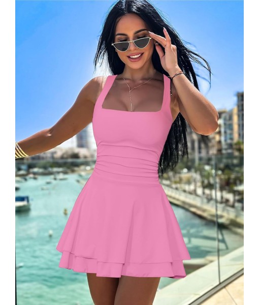 Kaximil Women's Square Neck Ruffle Hem Mini Dress Ruched Waist Short Party Dresses