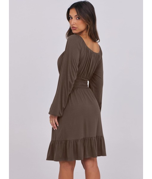 ANRABESS Womens Dress Long Lantern Sleeve Square Neck Elastic Waist Ruffle Flowy Swing A-Line Short Dresses 2025 Fall Fashion