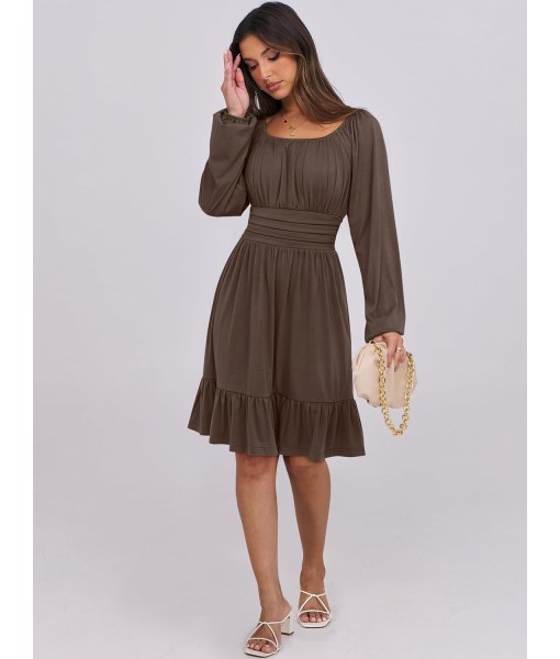 ANRABESS Womens Dress Long Lantern Sleeve Square Neck Elastic Waist Ruffle Flowy Swing A-Line Short Dresses 2025 Fall Fashion