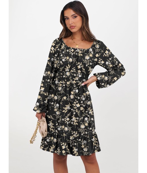 ANRABESS Womens Dress Long Lantern Sleeve Square Neck Elastic Waist Ruffle Flowy Swing A-Line Short Dresses 2025 Fall Fashion