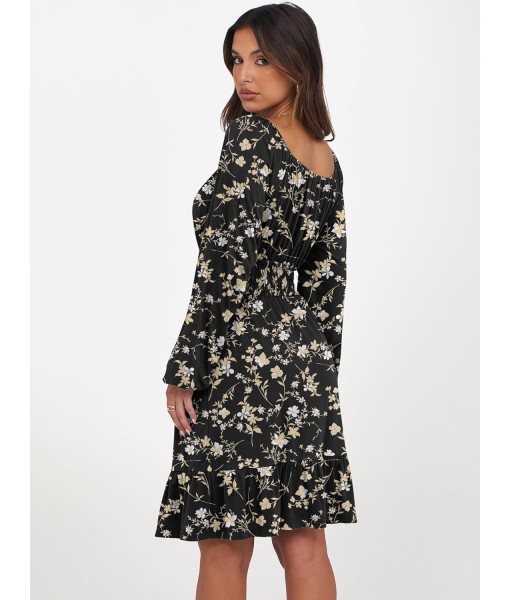 ANRABESS Womens Dress Long Lantern Sleeve Square Neck Elastic Waist Ruffle Flowy Swing A-Line Short Dresses 2025 Fall Fashion