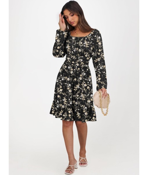 ANRABESS Womens Dress Long Lantern Sleeve Square Neck Elastic Waist Ruffle Flowy Swing A-Line Short Dresses 2025 Fall Fashion