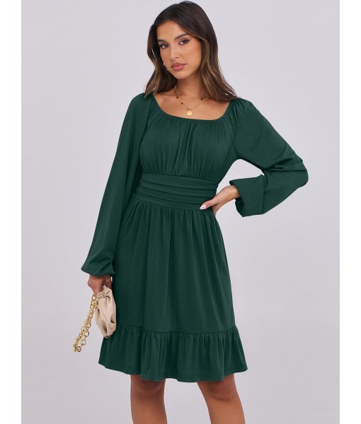 ANRABESS Womens Dress Long Lantern Sleeve Square Neck Elastic Waist Ruffle Flowy Swing A-Line Short Dresses 2025 Fall Fashion