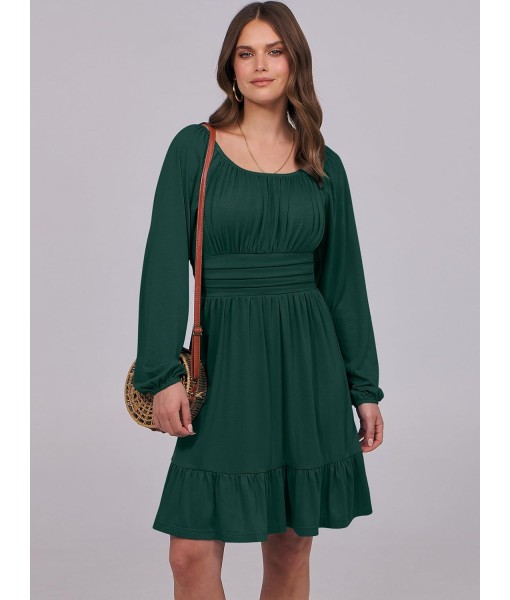 ANRABESS Womens Dress Long Lantern Sleeve Square Neck Elastic Waist Ruffle Flowy Swing A-Line Short Dresses 2025 Fall Fashion