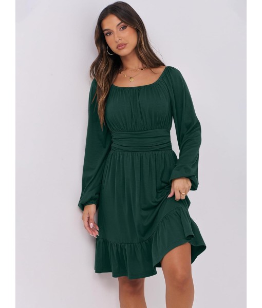 ANRABESS Womens Dress Long Lantern Sleeve Square Neck Elastic Waist Ruffle Flowy Swing A-Line Short Dresses 2025 Fall Fashion