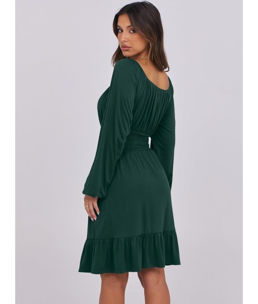 ANRABESS Womens Dress Long Lantern Sleeve Square Neck Elastic Waist Ruffle Flowy Swing A-Line Short Dresses 2025 Fall Fashion