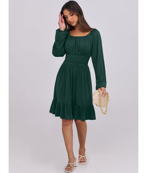ANRABESS Womens Dress Long Lantern Sleeve Square Neck Elastic Waist Ruffle Flowy Swing A-Line Short Dresses 2025 Fall Fashion
