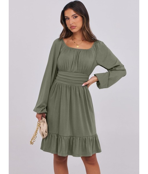 ANRABESS Womens Dress Long Lantern Sleeve Square Neck Elastic Waist Ruffle Flowy Swing A-Line Short Dresses 2025 Fall Fashion