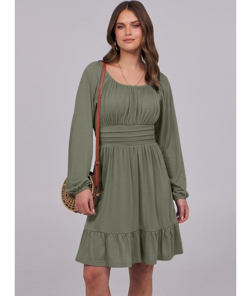 ANRABESS Womens Dress Long Lantern Sleeve Square Neck Elastic Waist Ruffle Flowy Swing A-Line Short Dresses 2025 Fall Fashion