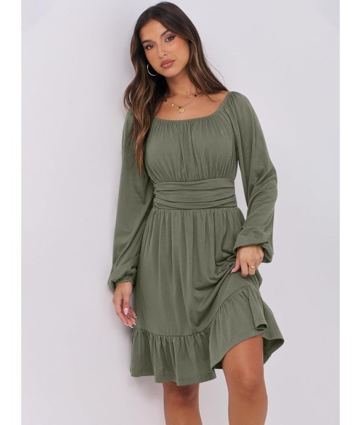 ANRABESS Womens Dress Long Lantern Sleeve Square Neck Elastic Waist Ruffle Flowy Swing A-Line Short Dresses 2025 Fall Fashion